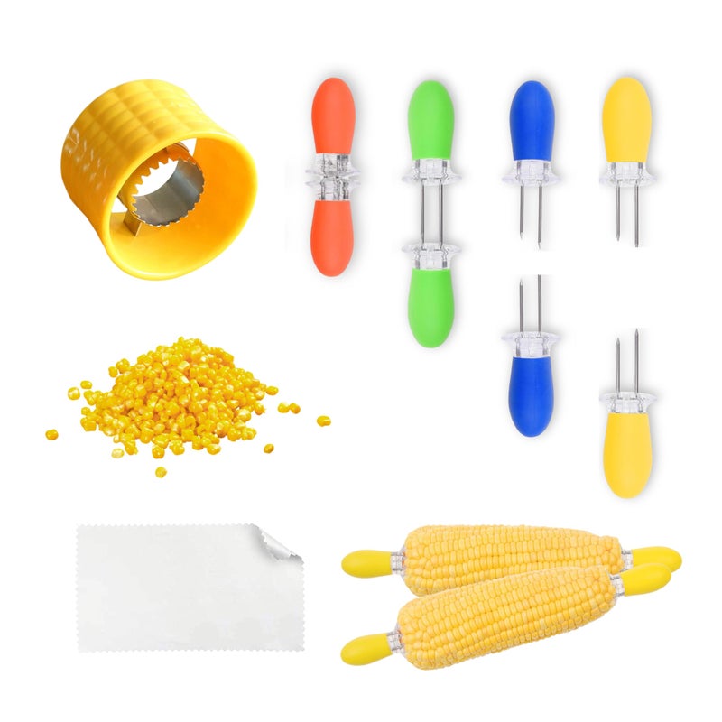 Kare Kind 8x Corn Holders, Stainless Steel Corn Cob Holders Corn on The Cob Holders Skewers, 1x Corn Cob Stripper, Corn Peeler for Corn on the Cob, Corn on the Cob Remover, Corn Skewers Kitchen Gadgets - Image 1